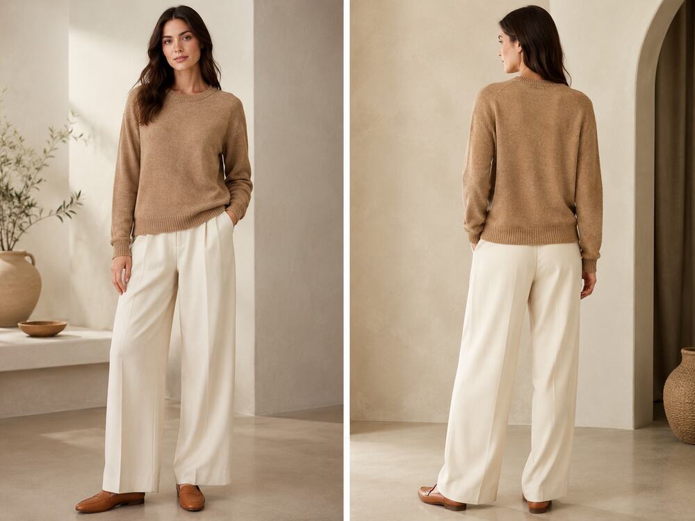 Pura Cashmere Wool Blend Sweater XL Camel Tan Crewneck Knit Luxury Pullover